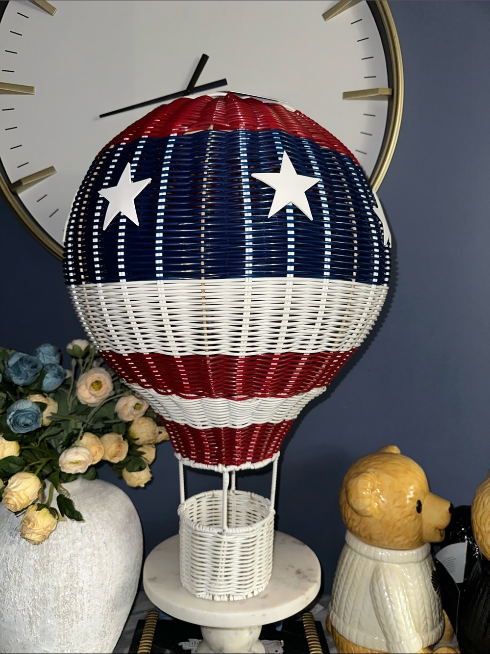 Faux rattan Patriotic Red, White & Blue Wicker Hot Air Balloon Accent XL